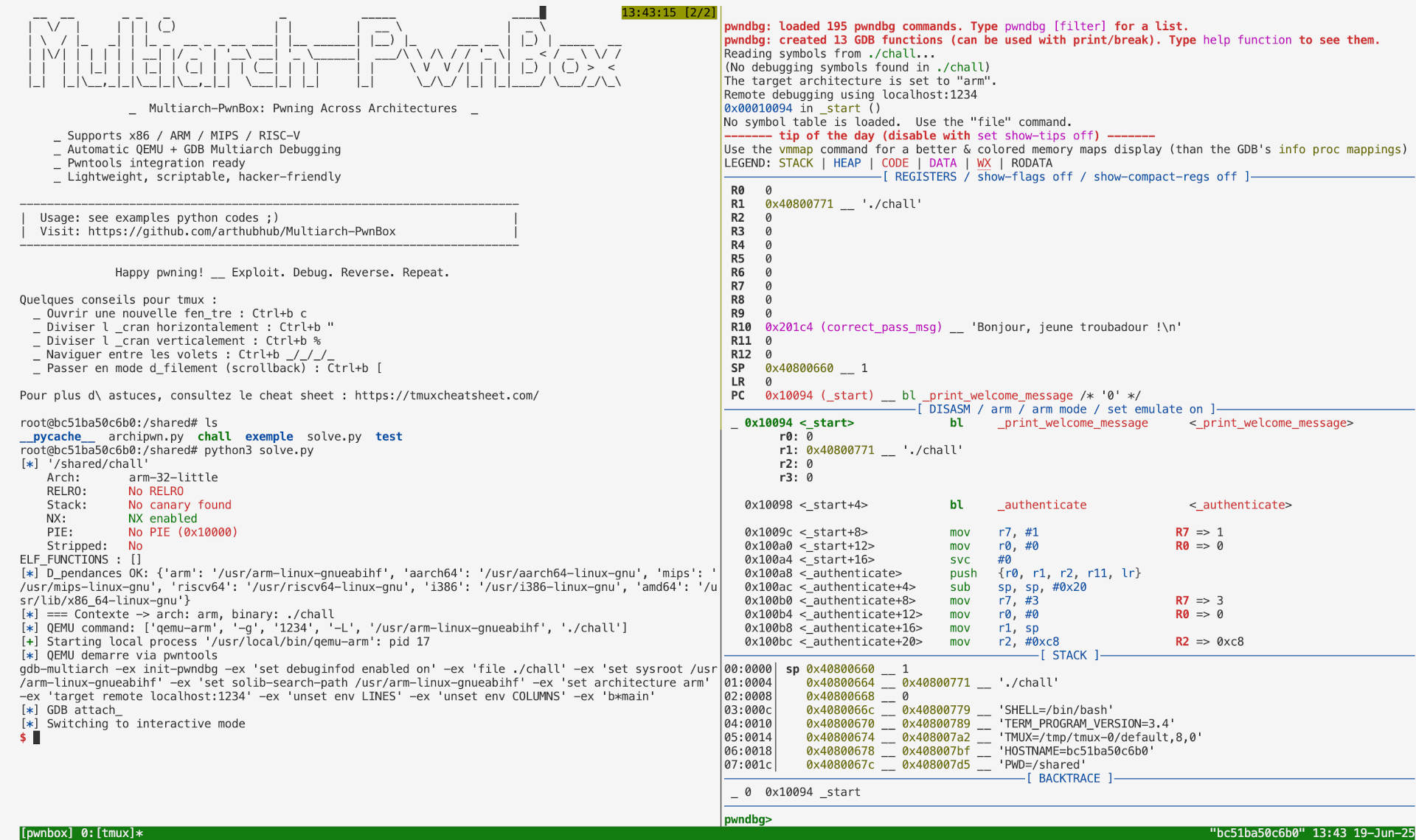 Programme exploité sur la gauche et GDB sur la droite.